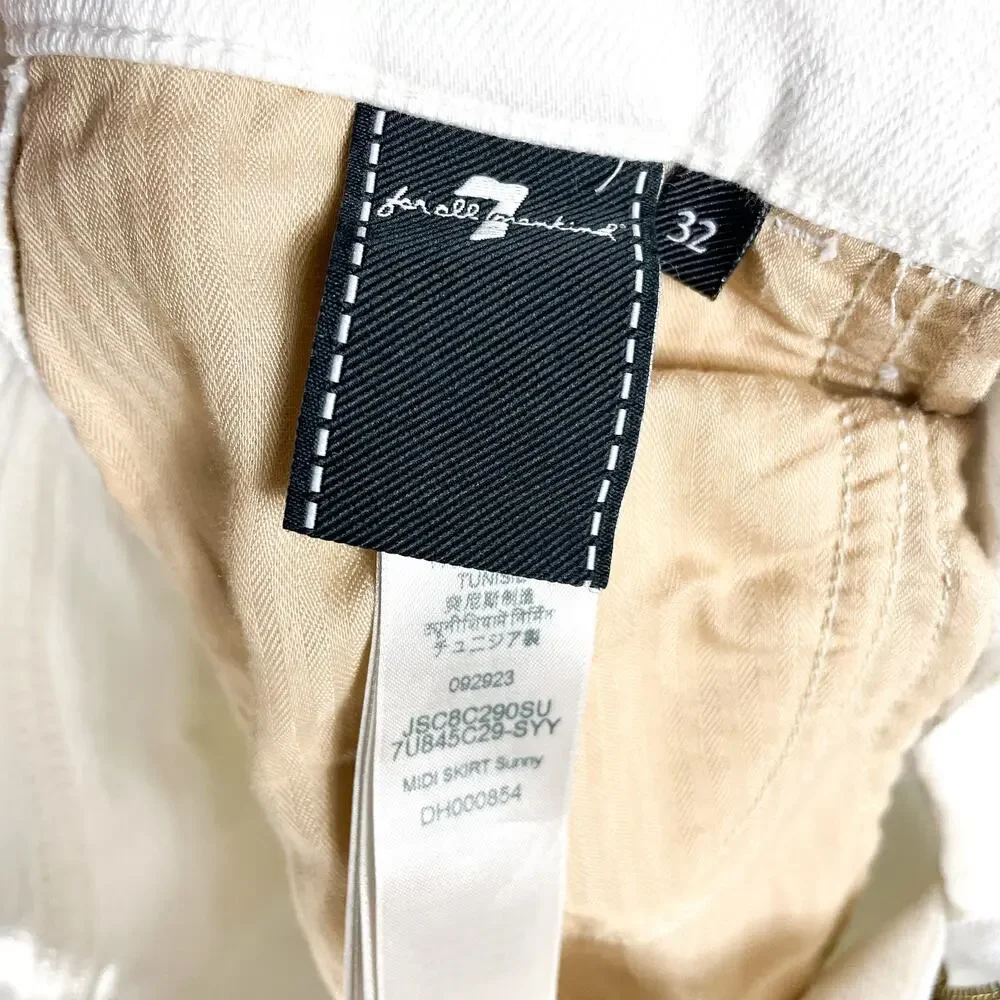 7 For All Mankind Denim Lustre‎ Midi Skirt White Sunny A-Line Side Slit Sz 32